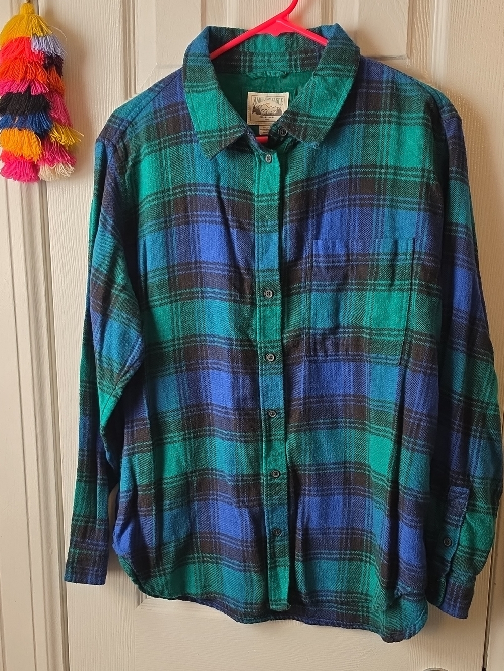 NWOT AMERICAN EAGLE WOMEN'S GREEN and Blue Plaid Button-Down FLANNEL Shirt